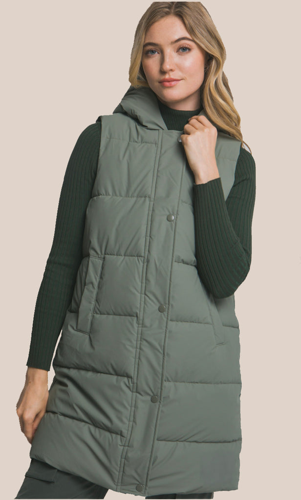Bringing Warmth Hooded Long Quilted Puffer Vest- Olive