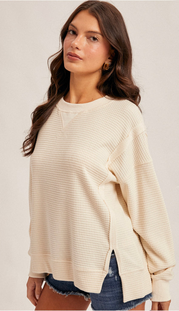 Danielle Brush Thermal Crew Neck Oversized Pullover- Cream