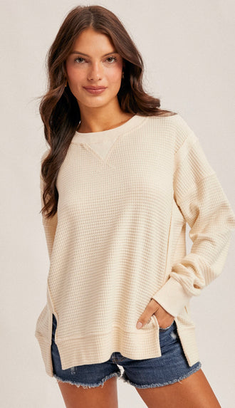 Danielle Brush Thermal Crew Neck Oversized Pullover- Cream