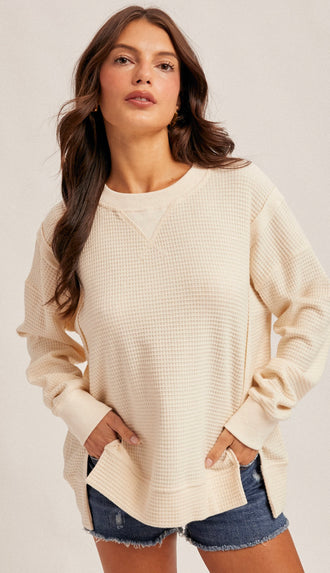 Danielle Brush Thermal Crew Neck Oversized Pullover- Cream