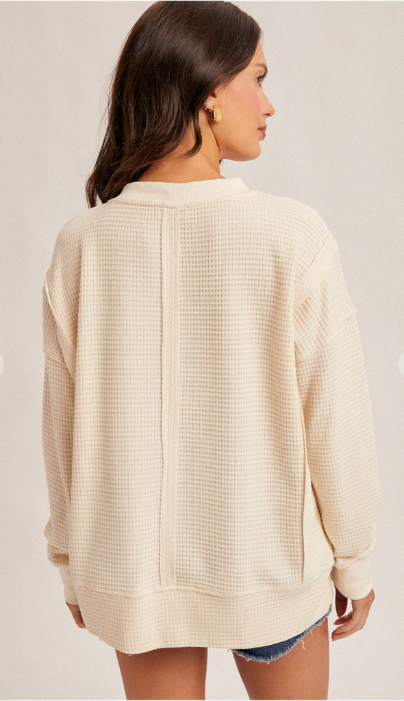 Danielle Brush Thermal Crew Neck Oversized Pullover- Cream