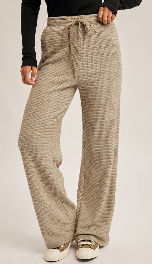 Waffle Knit Elastic Waist Wide Leg Pants- Cream