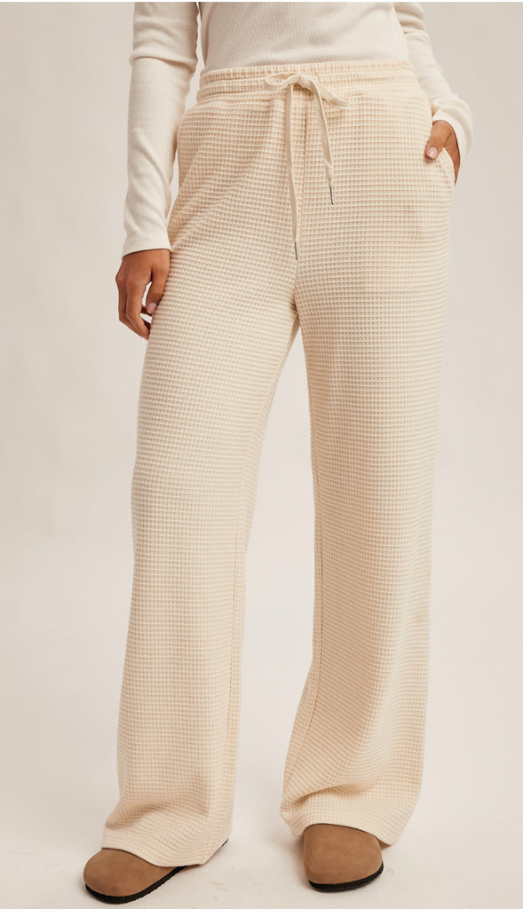 Waffle Knit Elastic Waist Wide Leg Pants- Cream