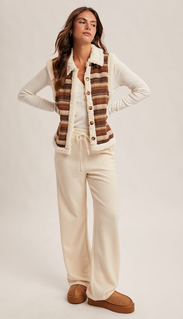 Waffle Knit Elastic Waist Wide Leg Pants- Cream