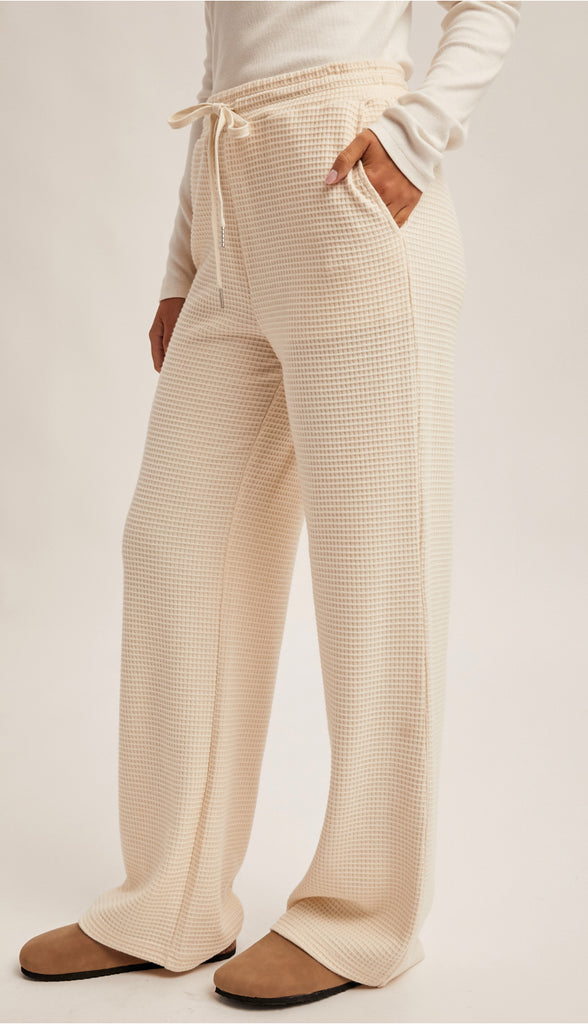 Waffle Knit Elastic Waist Wide Leg Pants- Cream
