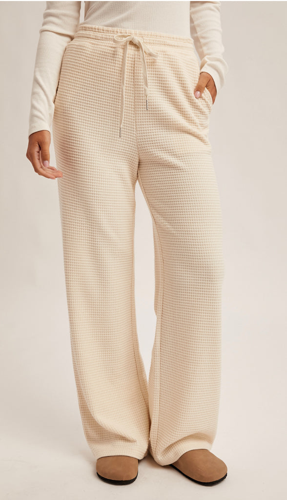 Waffle Knit Elastic Waist Wide Leg Pants- Cream