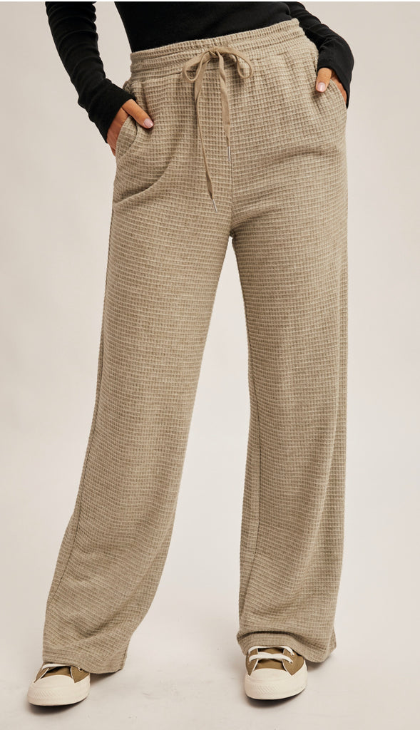Waffle Knit Elastic Waist Wide Leg Pants- Olive