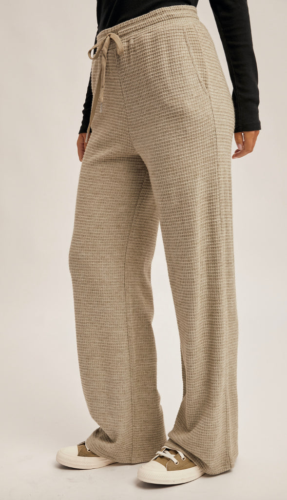 Waffle Knit Elastic Waist Wide Leg Pants- Cream