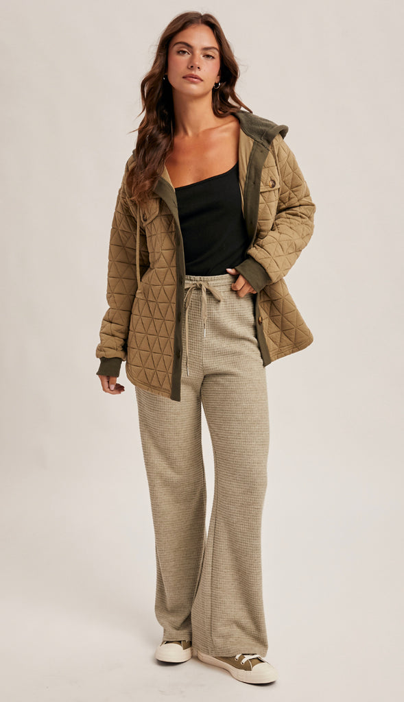 Waffle Knit Elastic Waist Wide Leg Pants- Cream