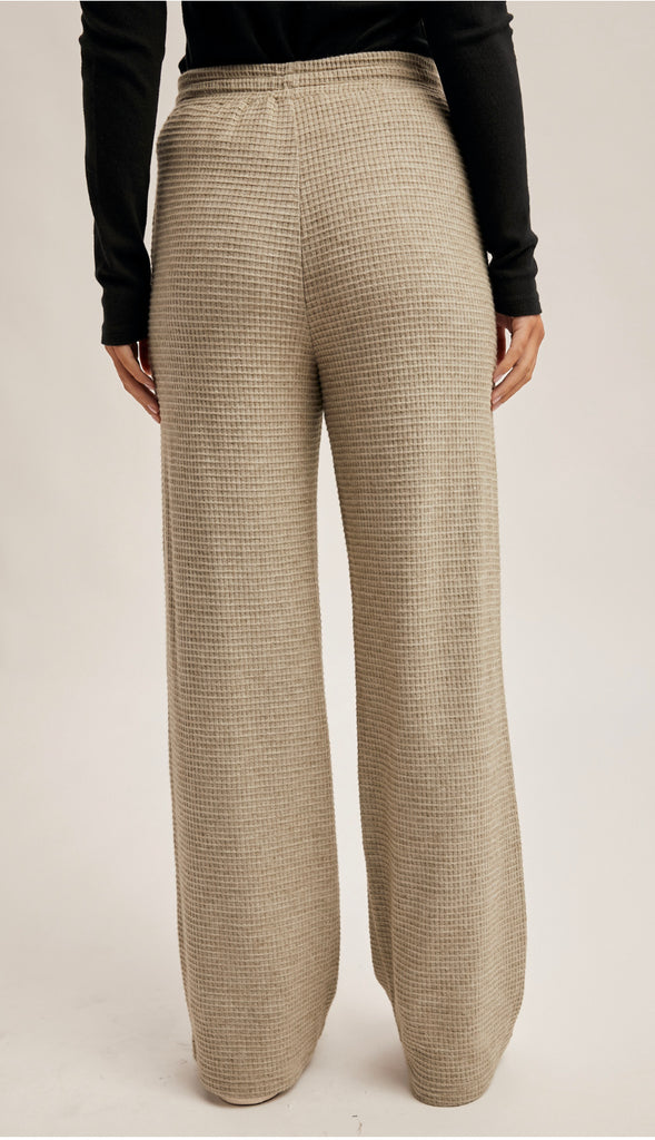 Waffle Knit Elastic Waist Wide Leg Pants- Cream