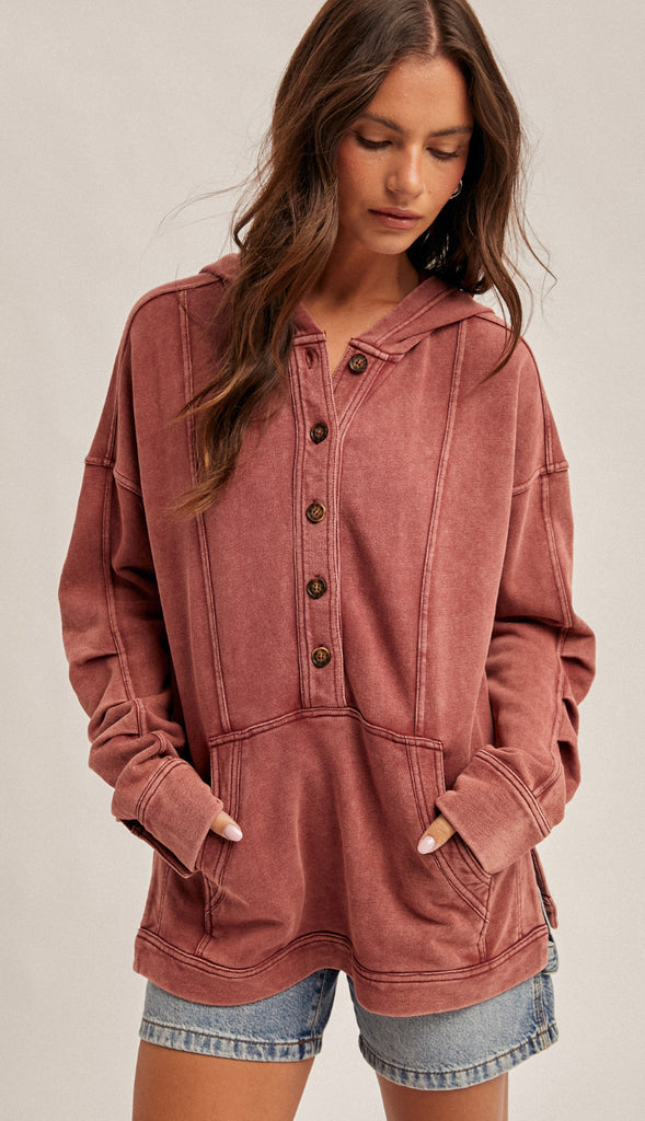Shiloh Hooded Washed Terry Tunic Top- Washed Burgundy
