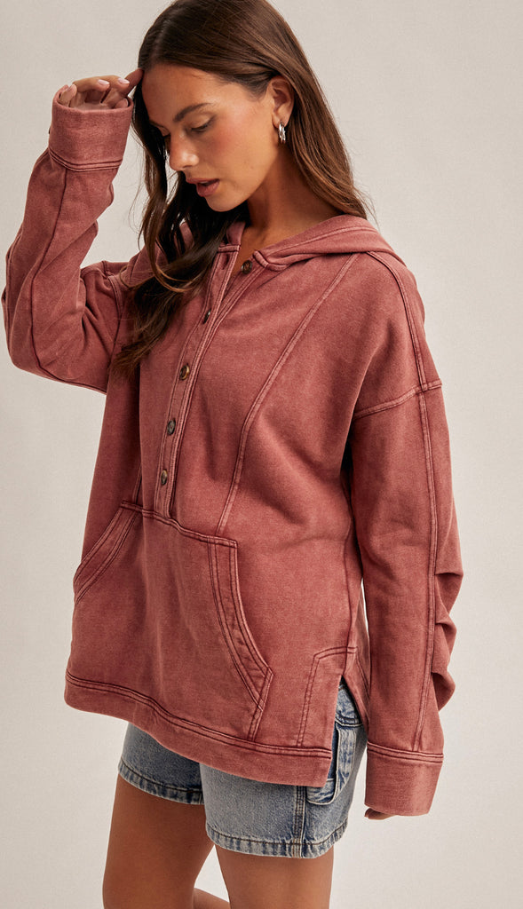 Shiloh Hooded Washed Terry Tunic Top- Washed Burgundy