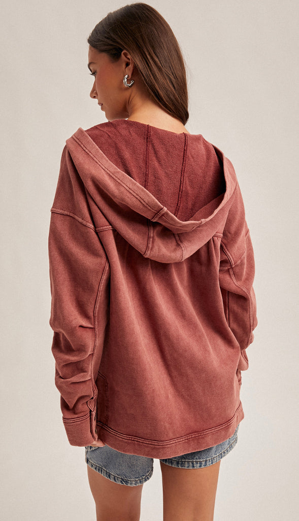 Shiloh Hooded Washed Terry Tunic Top- Washed Burgundy