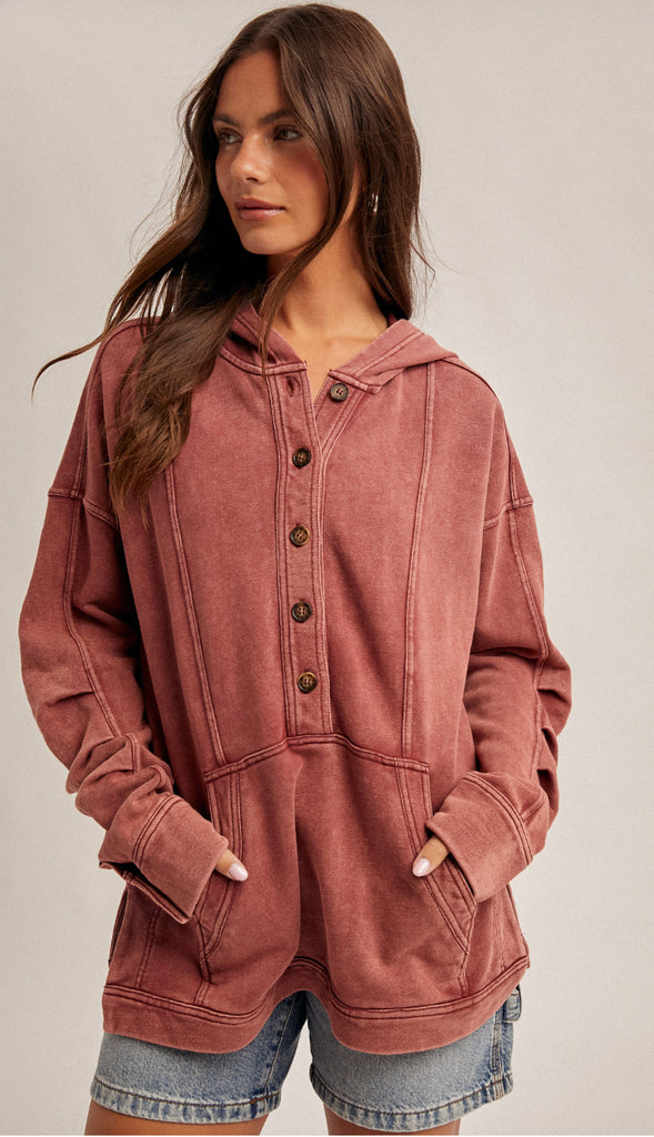 Shiloh Hooded Washed Terry Tunic Top- Washed Burgundy