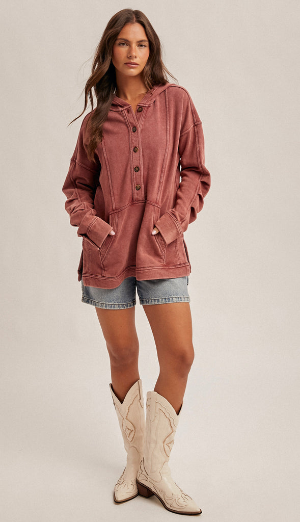Shiloh Hooded Washed Terry Tunic Top- Washed Burgundy