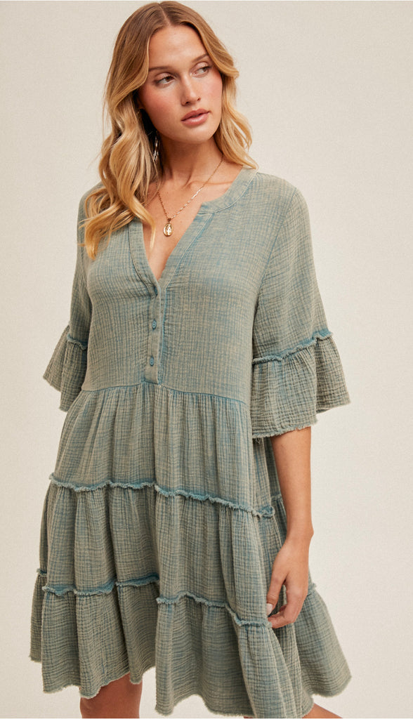 Free As Can Be Tiered Gauze Dress- Washed Jade