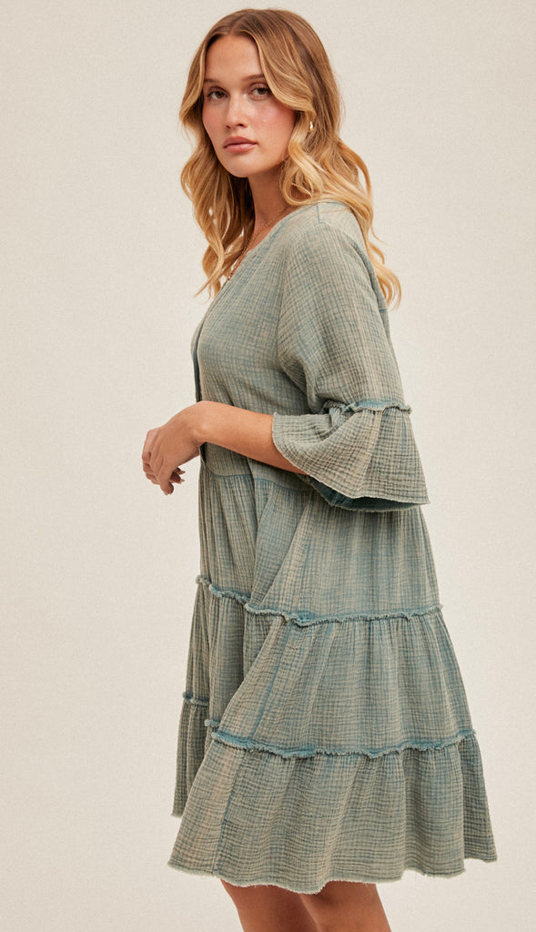 Free As Can Be Tiered Gauze Dress- Washed Jade