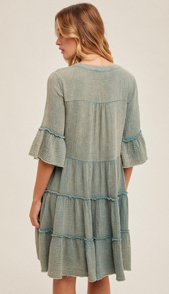 Free As Can Be Tiered Gauze Dress- Washed Jade