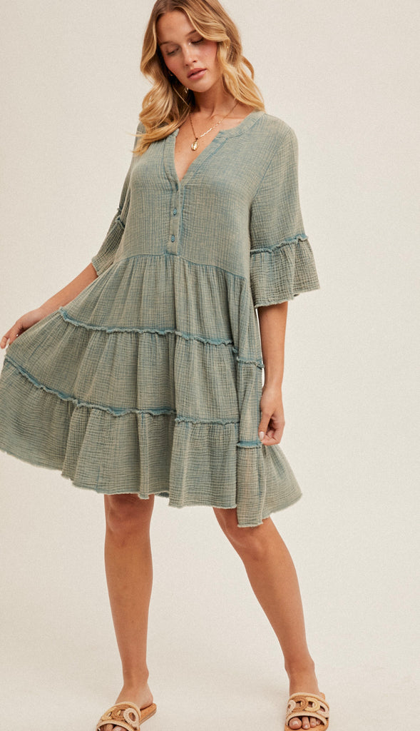 Free As Can Be Tiered Gauze Dress- Washed Jade