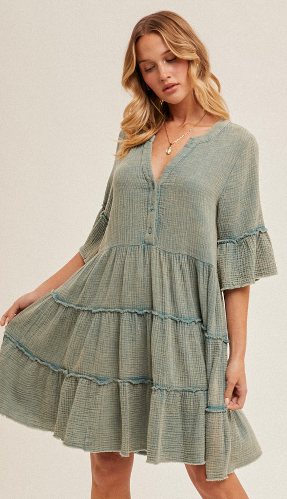 Free As Can Be Tiered Gauze Dress- Washed Jade