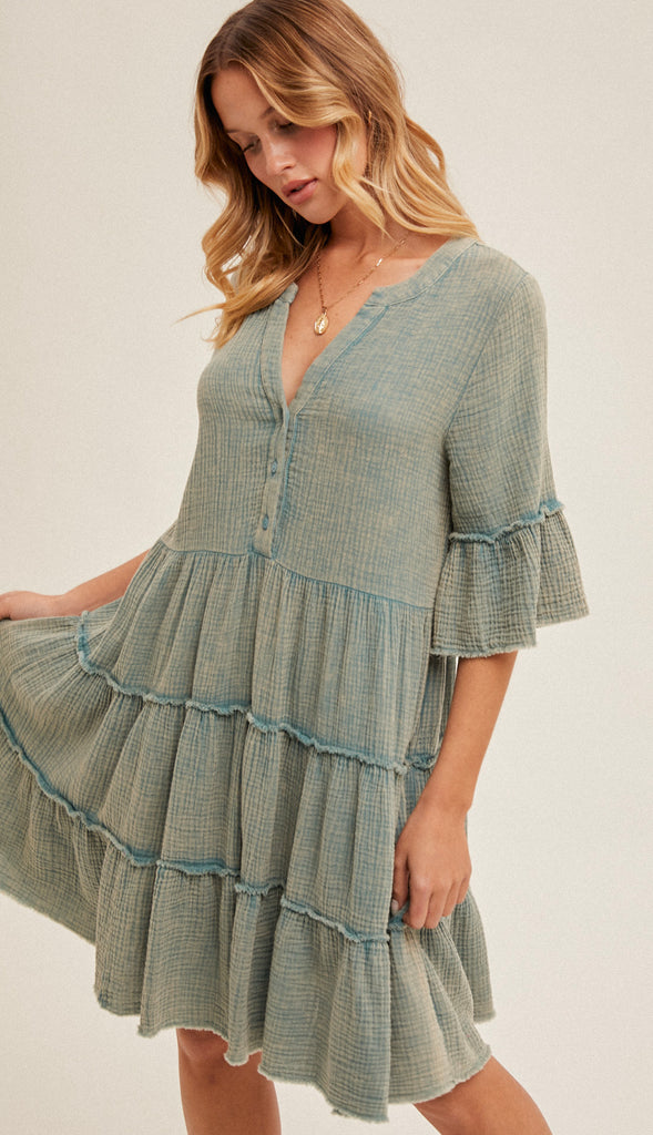 Free As Can Be Tiered Gauze Dress- Washed Jade