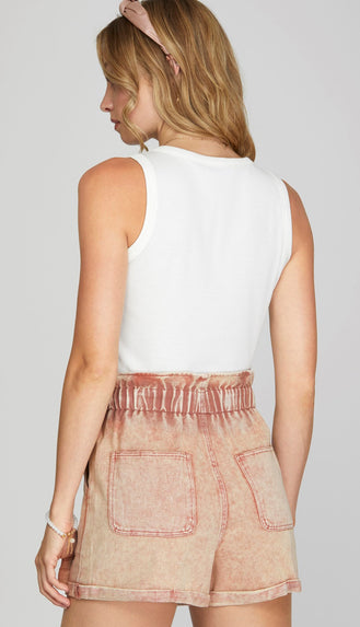 Ronnie Washed Elastic Waist Shorts- Rose