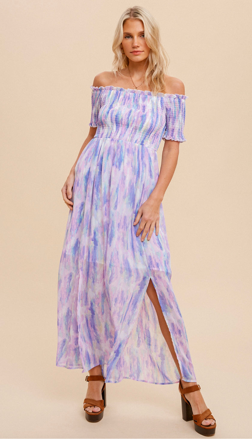 Water Color Off Shoulder Maxi Dress- Pastel Multi Water Color Off Shoulder Maxi Dress- Pastel Multi