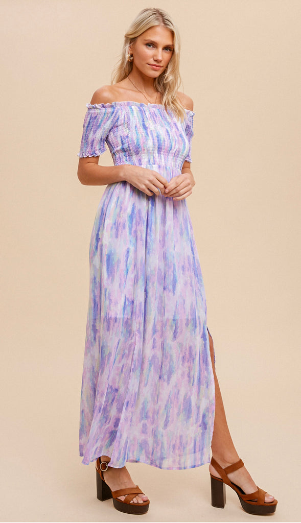 Water Color Off Shoulder Maxi Dress- Pastel Multi