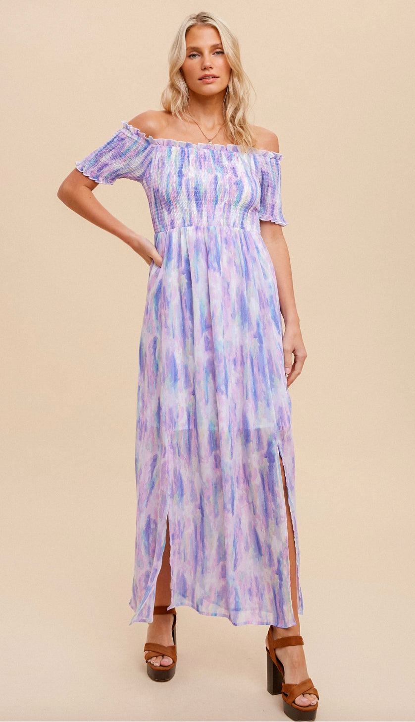 Water Color Off Shoulder Maxi Dress- Pastel Multi Water Color Off Shoulder Maxi Dress- Pastel Multi