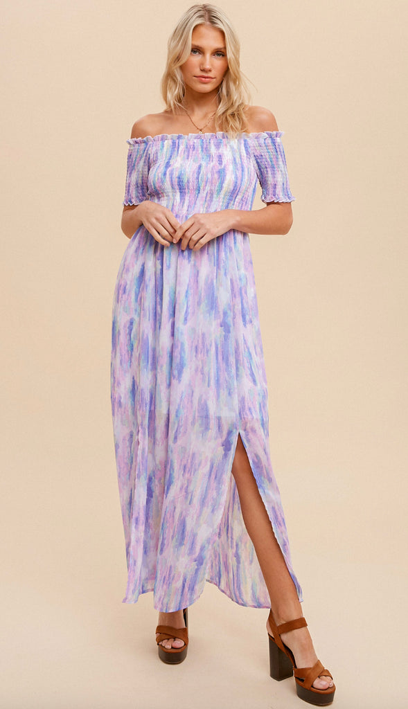 Water Color Off Shoulder Maxi Dress- Pastel Multi