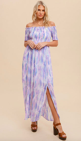 Water Color Off Shoulder Maxi Dress- Pastel Multi