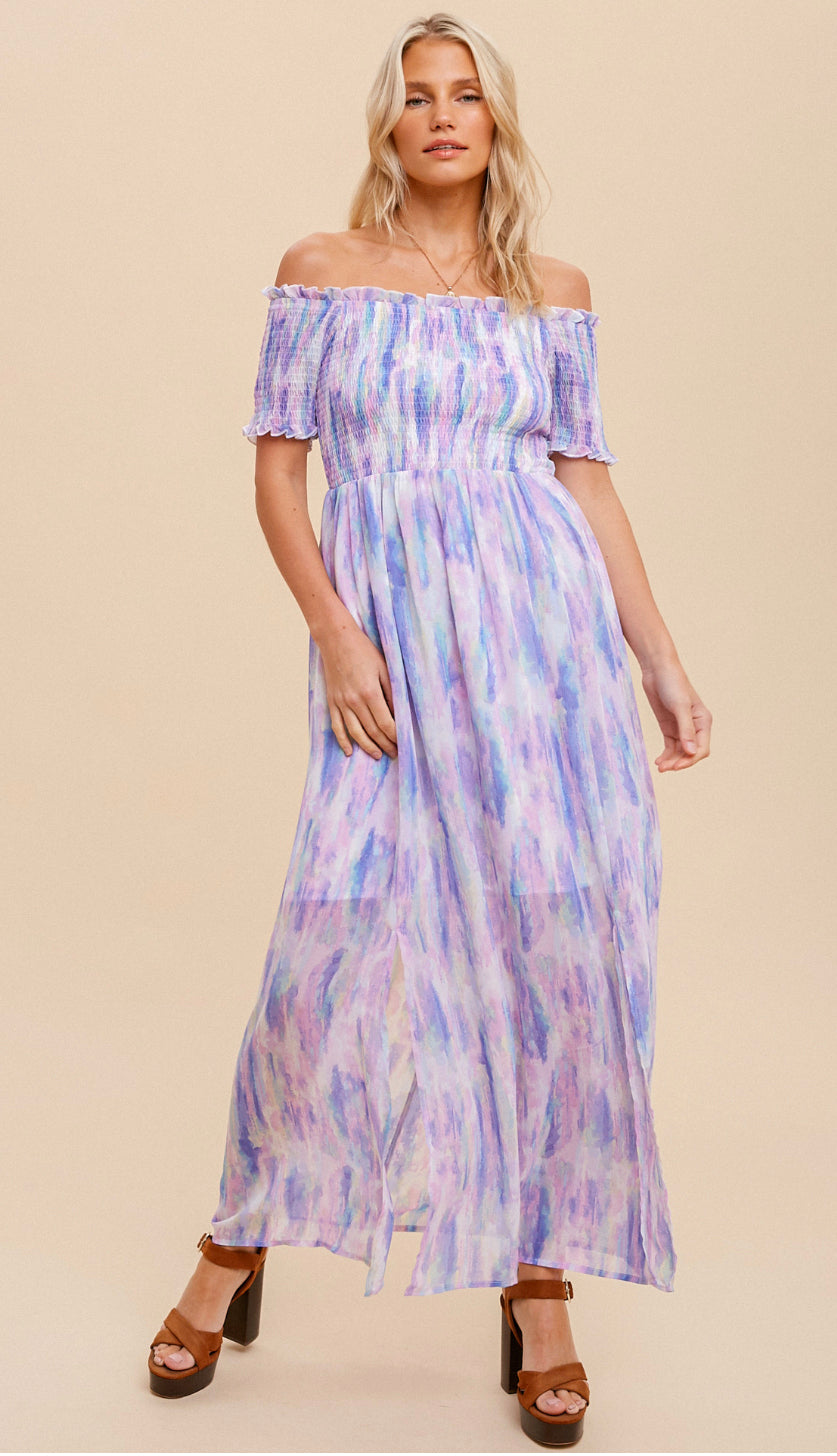 Water Color Off Shoulder Maxi Dress- Pastel Multi Water Color Off Shoulder Maxi Dress- Pastel Multi