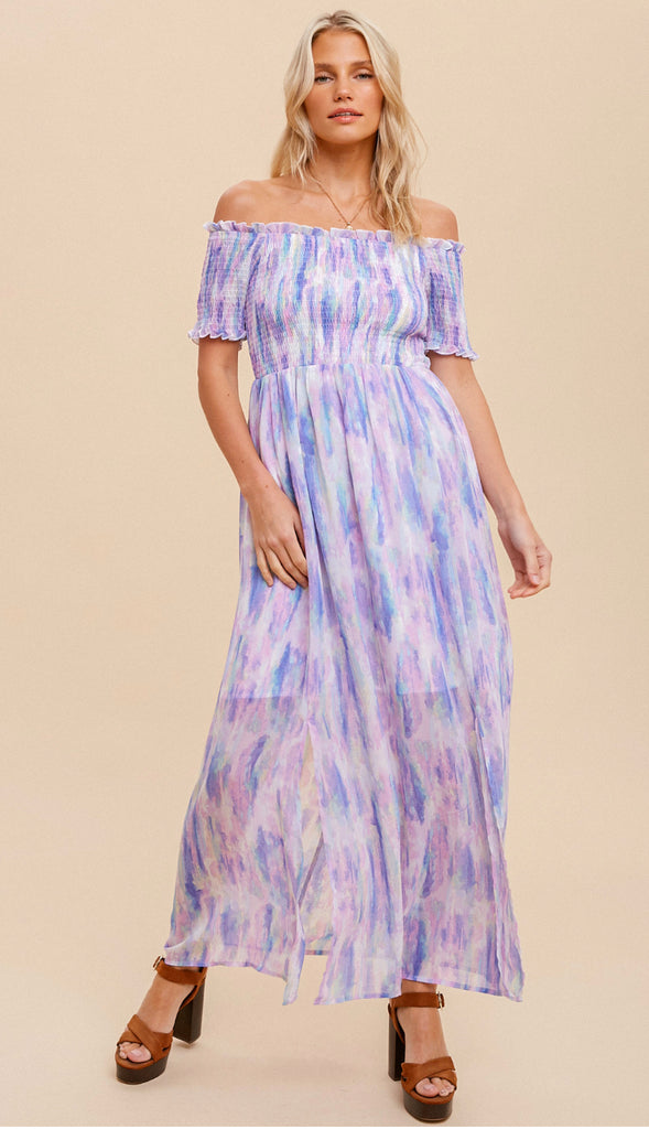 Water Color Off Shoulder Maxi Dress- Pastel Multi