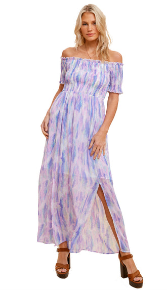 Water Color Off Shoulder Maxi Dress- Pastel Multi