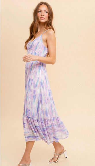 Water Color Split Hem Abstract Midi Dress- Pastel Multi