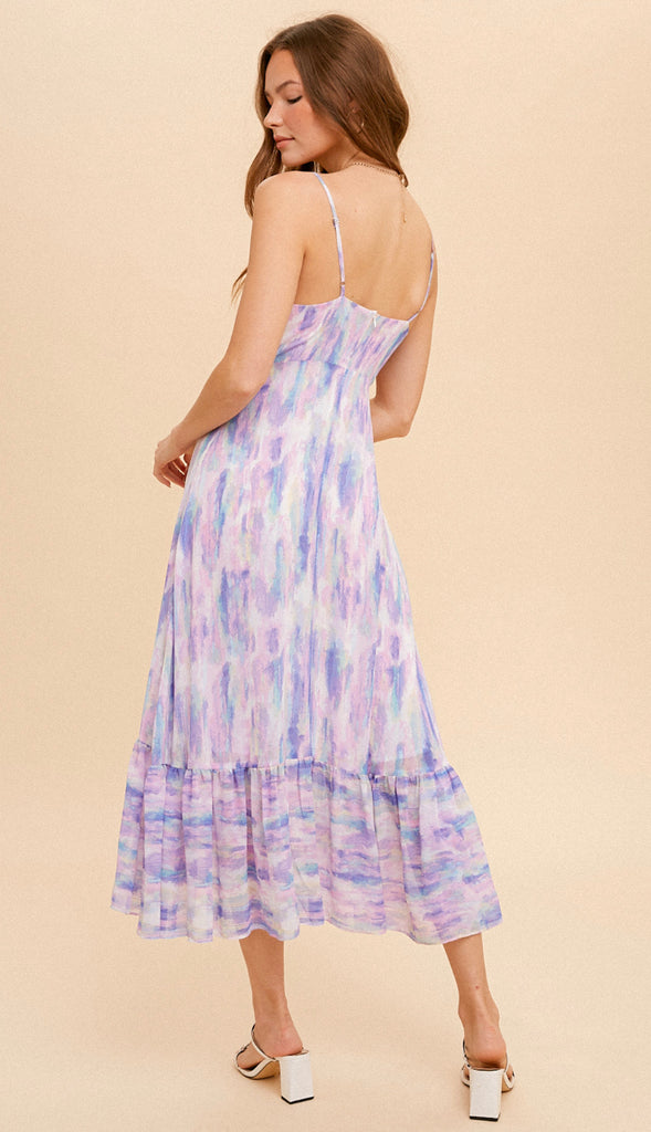 Water Color Split Hem Abstract Midi Dress- Pastel Multi