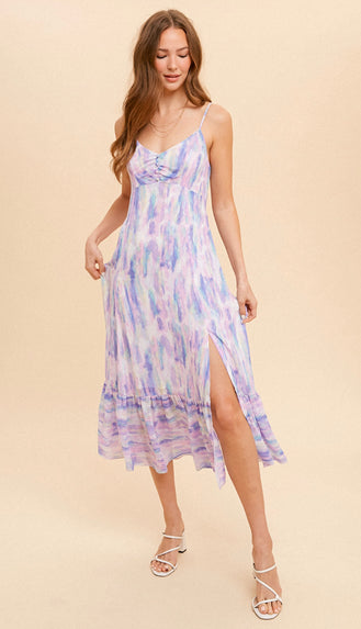 Water Color Split Hem Abstract Midi Dress- Pastel Multi