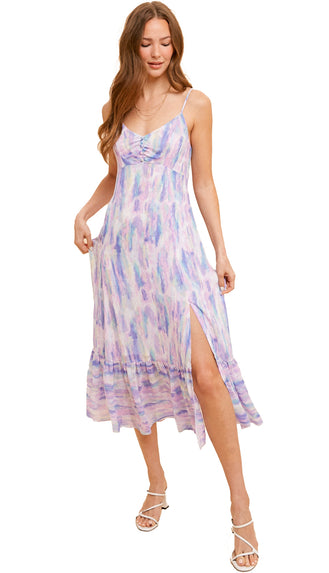 Water Color Split Hem Abstract Midi Dress- Pastel Multi