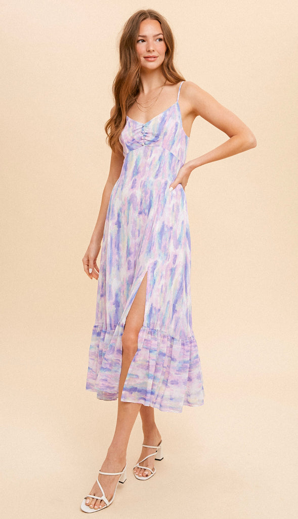 Water Color Split Hem Abstract Midi Dress- Pastel Multi