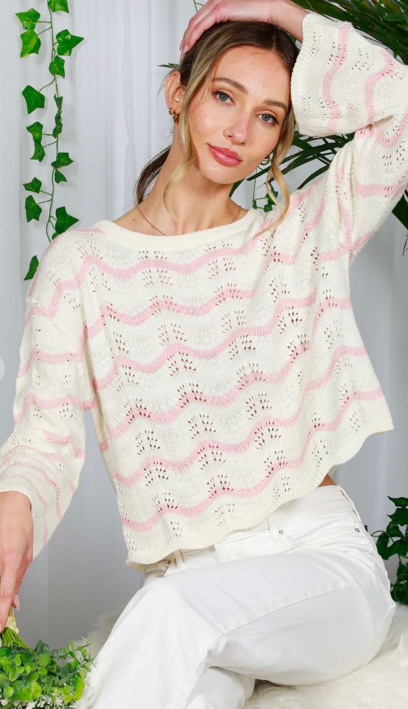 Wavy Striped Lightweight Sweater- Pink