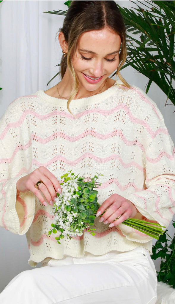 Wavy Striped Lightweight Sweater- Pink