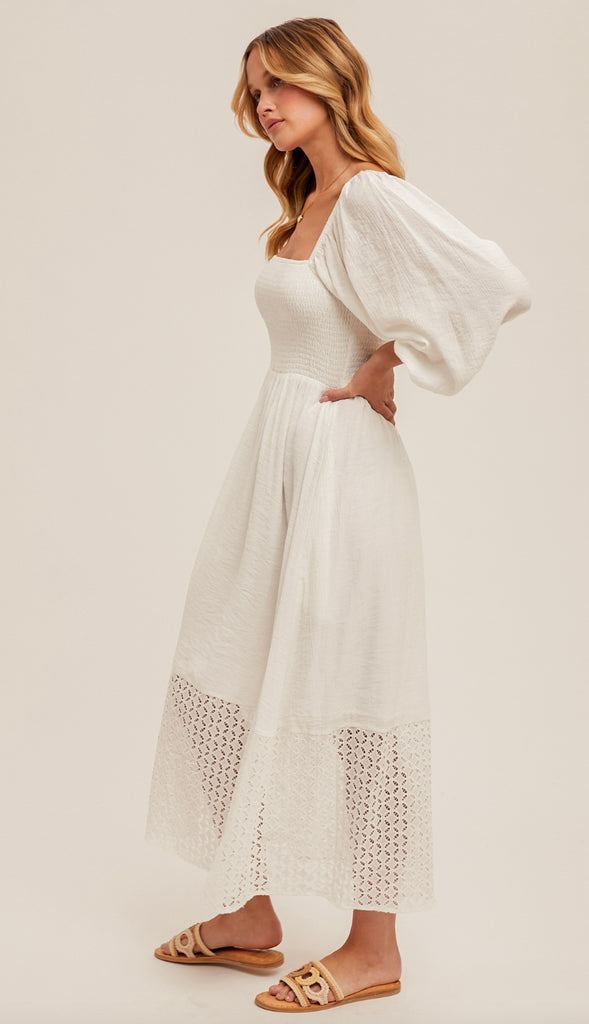 Eyelet Bubble Sleeve Midi Dress- White