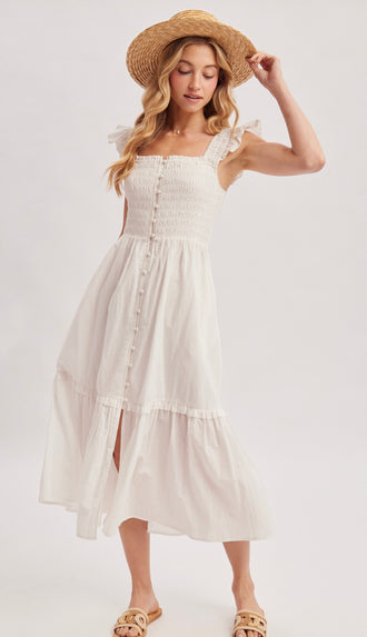 Ready For Brunch Smocked Square Neck Midi Dress- Ivory