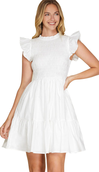 Meant To Be Ruffle Sleeve Smock Dress- Off White