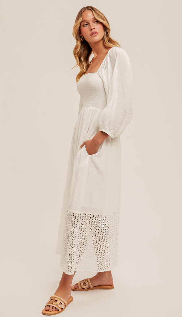 Eyelet Bubble Sleeve Midi Dress- White