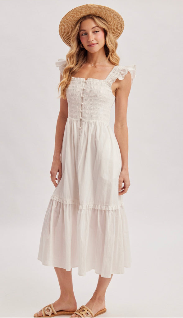 Ready For Brunch Smocked Square Neck Midi Dress- Ivory