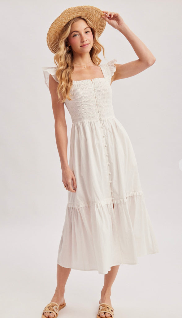 Ready For Brunch Smocked Square Neck Midi Dress- Ivory