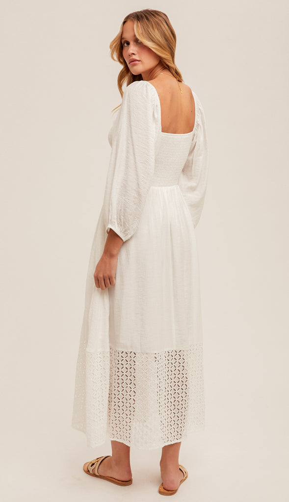 Eyelet Bubble Sleeve Midi Dress- White
