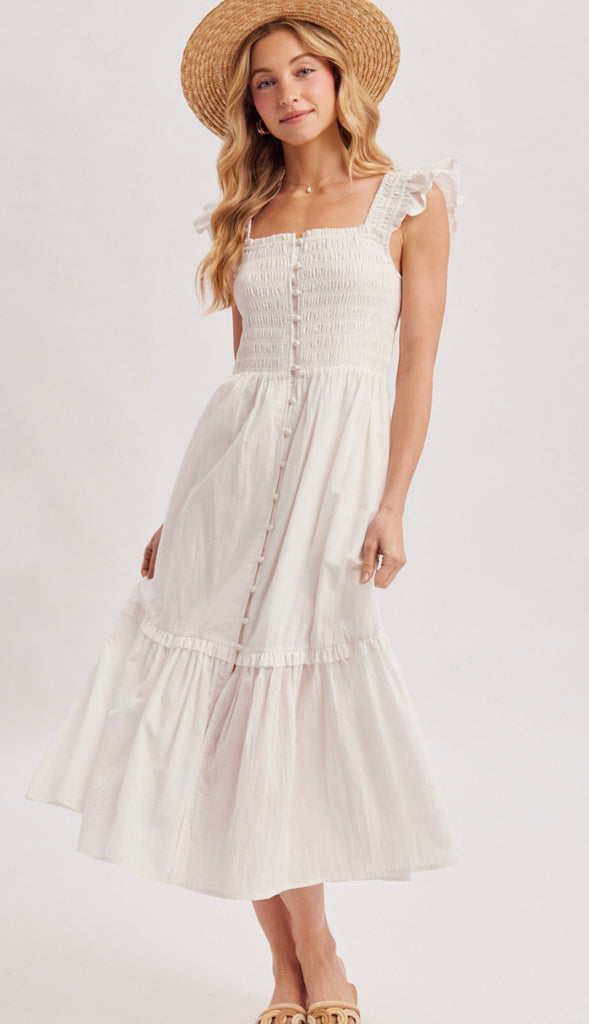 Ready For Brunch Smocked Square Neck Midi Dress- Ivory