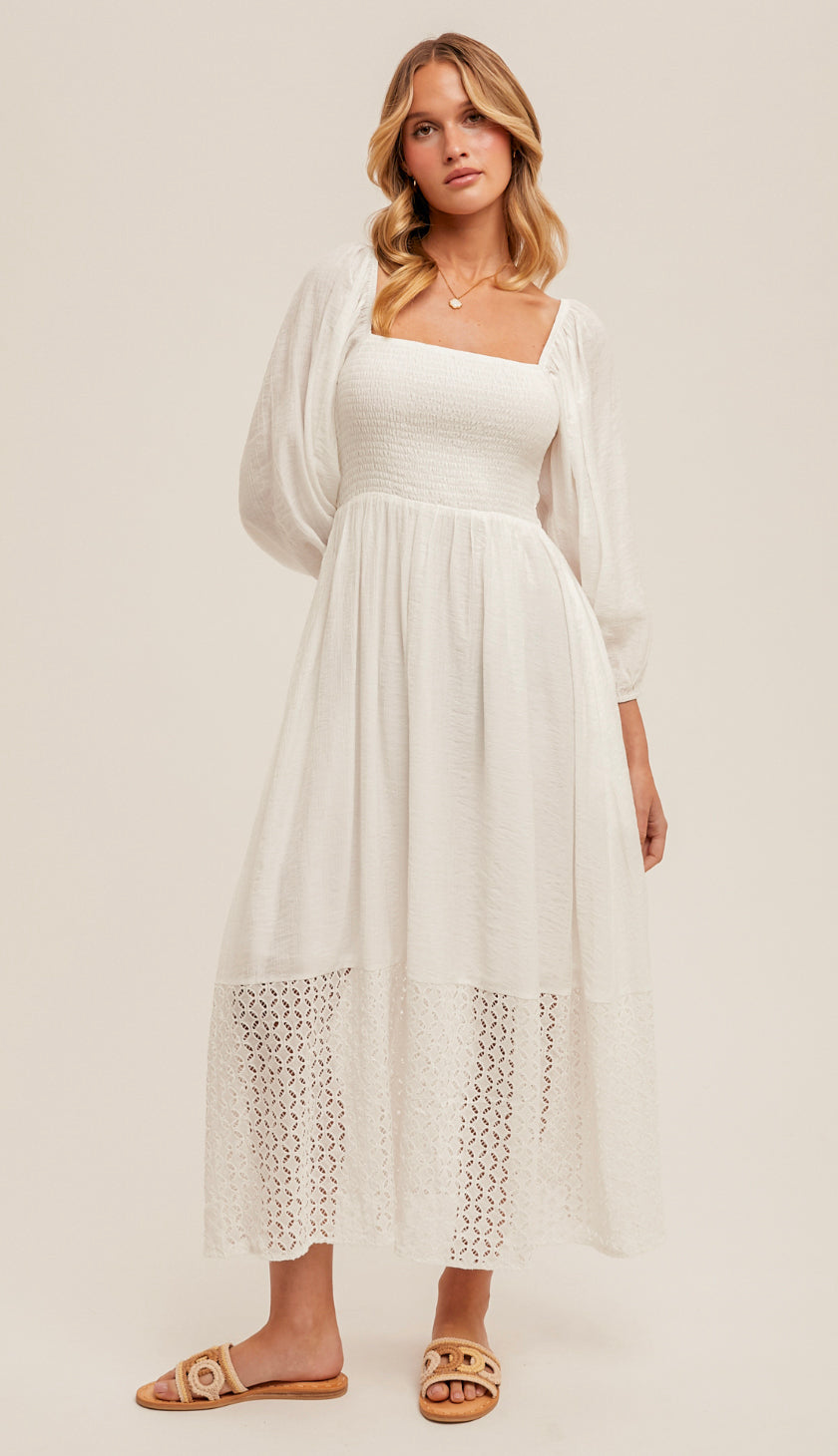 Eyelet Bubble Sleeve Midi Dress- White Eyelet Bubble Sleeve Midi Dress- White